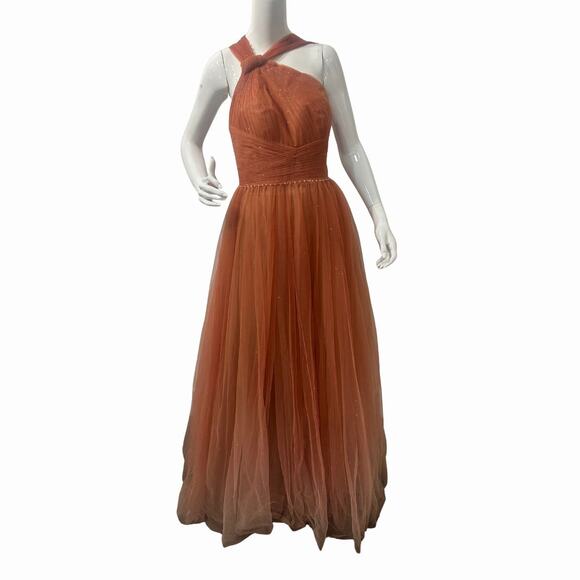 Mac Duggal Tulle Glitter-Flecked Halter Neck Maxi Ball Gown Brown Size 10 - Picture 3 of 7